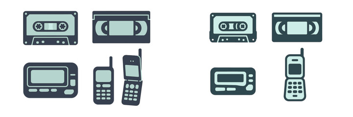 Collection of vintage audio cassettes, VHS tapes, pagers, and old mobile phones representing retro technology and communication