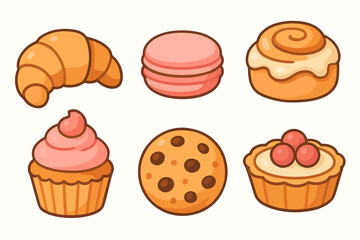 Delicious assortment of freshly baked goods and sweet treats including croissants, macarons, cinnamon rolls, cupcakes, cookies, and fruit tarts