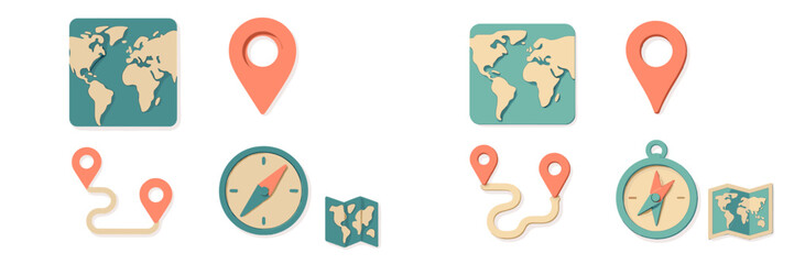Collection of global travel navigation icons featuring world maps location pins compass and winding route paths for journey planning