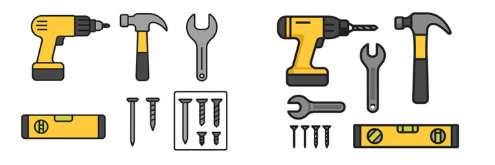 Assortment of professional and DIY tools including drill, hammer, wrench, level, nails, and screws for various repair and construction tasks