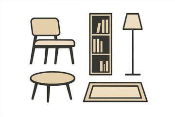 Modern living room furniture collection featuring a stylish chair, coffee table, bookshelf, floor lamp, and area rug