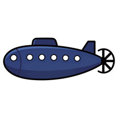 A cute and simple cartoon vector illustration of a dark blue submarine with portholes and a propeller, representing naval transport, deep-sea exploration, and technology.
