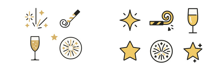 Champagne glasses, sparkling stars, firework bursts, and party noisemakers for festive celebrations and holiday events