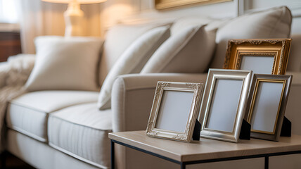 Elegant Living Room with Photo Frames on Side Table