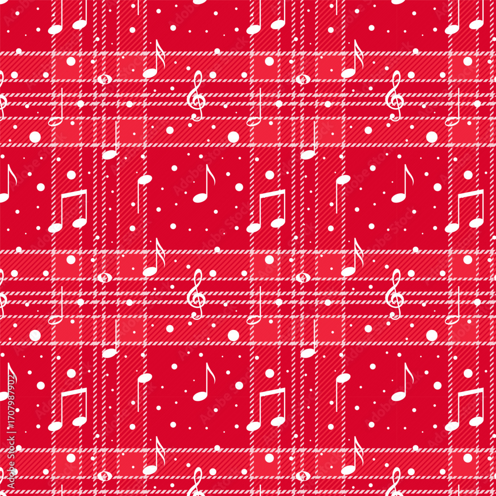 Sticker plaid repeat pattern with twill weave in red with white snow and music notes.christmas, winter tarta