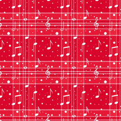 Plaid repeat pattern with twill weave in red with white snow and music notes.Christmas, winter tartan check seamless pattern.Vector illustration geometric background for fabric and prints.