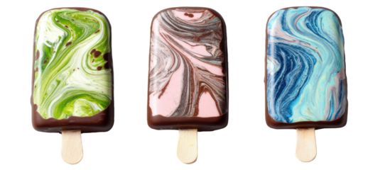 Colorful marbled ice pops on wooden sticks