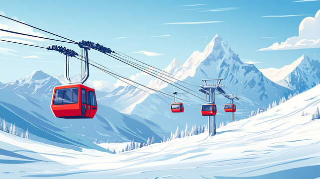 Ski resort landscape posters set. Snowy peaks of mountains. Ski elevators. Winter sport travel adventure and holidays concept. Flat cartoon minimalism vector illustration