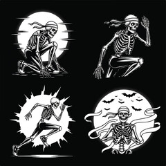 Four stylized illustrations of skeletons in running poses, set against circular backgrounds with various effects.