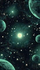 Teal nebula centered on a bright star, surrounded by several planets and countless sparkling stars, creating a cosmic, ethereal scene