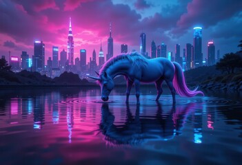 Technological Myth  Unicorn Drinking from a Reservoir Reflecting a Neon Cyberpunk City Skyline
