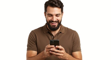 Happy man texting on his phone.  Cheerful male using social media app. Confident man with beard browsing the internet on his cell.