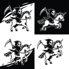 Obraz premium Grim Reaper riding a unicorn in four different black and white variations.