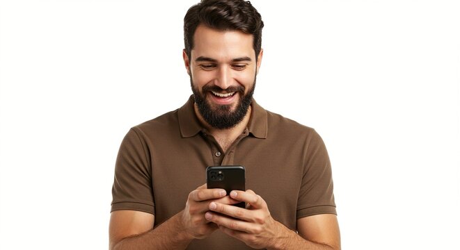 Happy man texting on his phone.  Cheerful male using social media app. Confident man with beard browsing the internet on his cell.