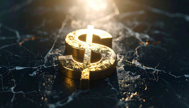 Shiny dollar symbol on dark reflective marble surface. Concept of wealth, finance and stability.