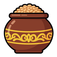 A simple cartoon illustration of a clay pot filled with grains, representing food, cooking, and traditional dishes.