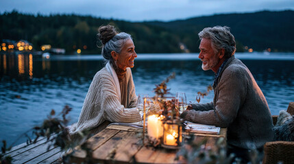 Smiling senior couple share candlelit dinner on wooden dock foreground, calm lake and forest lights background, romantic lakeside evening atmosphere