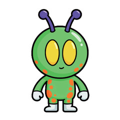 A simple cartoon illustration of a cute green alien with big yellow eyes and orange spots, perfect for sci-fi, kids' content, or space-related themes.