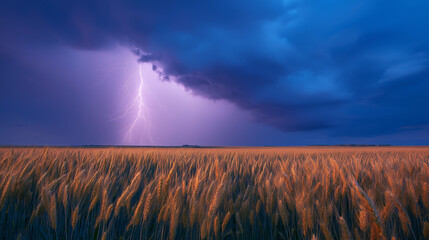 A storm brewing over a wheat field with distant lightning