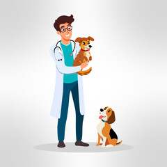 A cartoon illustration of a male veterinarian standing with a friendly smile. He is wearing a white coat, has a stethoscope hanging from his neck, and is holding a cheerful little brown dog.