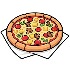 A simple cartoon illustration of a whole pizza with various toppings, representing Italian cuisine, fast food, and dining concepts.