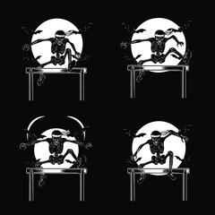 A black and white illustration of a skeleton jumping over a hurdle in front of a full moon.