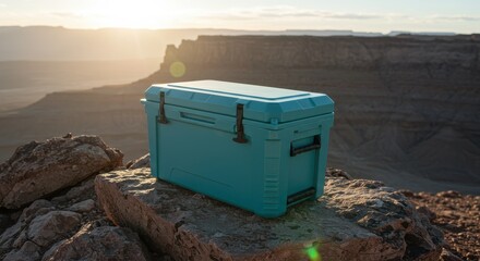 Cool Blue Cooler on Rocky Outcrop with Sunset Overlooking Vast Desert Landscape