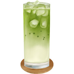 watercolor painting of iced matcha latte