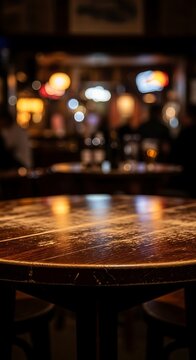 Close-up view of a round wooden table in a dimly lit pub, showcasing warm tones and blurred background.