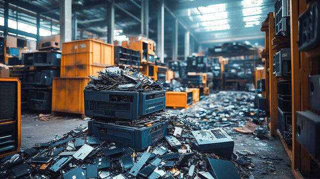 Sorting ewaste separating recyclables and removing hazardous materials in a tech recycling facility. Concept E-waste recycling, Hazardous materials removal, Recyclables separation