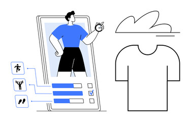 Man on fitness platform tracks workout progress with running, lifting, and tracking options. Abstract T-shirt outlines suggest planning. Ideal for fitness, apps, design, health, activity planning