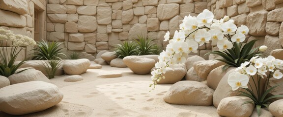 Delicate Zen  Flowing Orchid Creates Softness in Stone Garden.