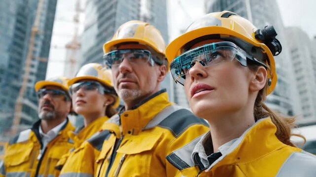 Visionary Engineers on Site: A dedicated team of engineers stands together, their gaze fixed on the future, dressed in professional attire amid a towering construction site.