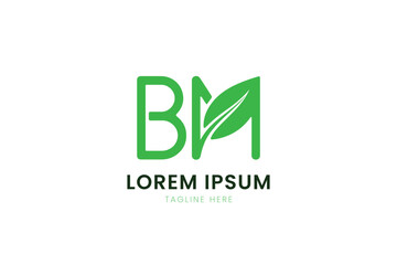 Minimalist green bm logo with leaf element for eco-friendly branding and nature concepts
