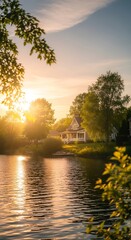 Fototapeta premium A serene lakefront home bathed in golden sunlight at sunset, framed by lush greenery.