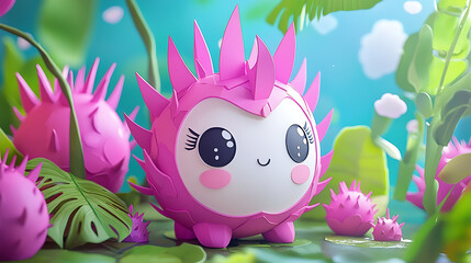 Obraz premium Cute Pink Dragon Fruit Character Illustration with Big Eyes and Spiky Exterior Amidst Lush Greenery and Tropical Leaves