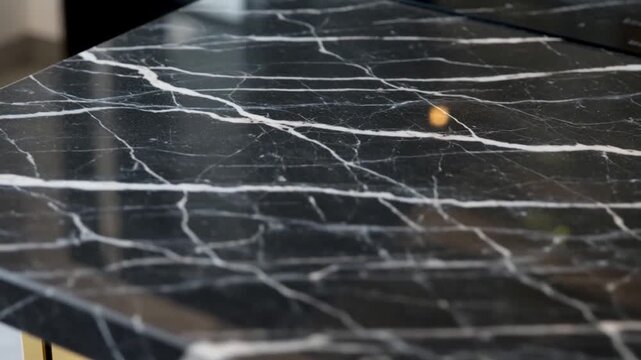 Elegant black marble countertop with striking white veins in a modern interior