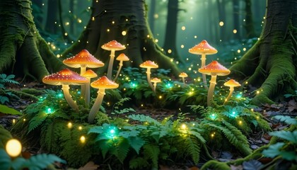 Mystical fairy ring of luminous mushrooms and glowing ferns