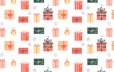 Christmas gift boxes seamless pattern background with ribbon and snowflake onwhite｜プレゼント, ギフト, 贈り物, 祝い, Holiday