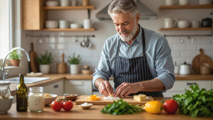 Senior man preparing food with vegetables in kitchen