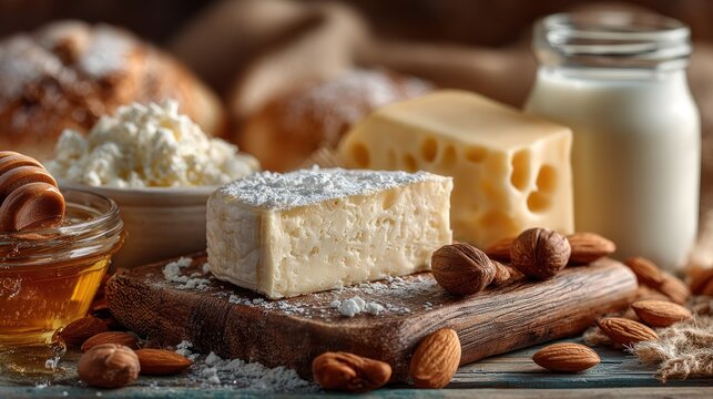 Artisanal dairy products with cheese, honey, nuts and bread on wooden surface