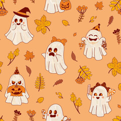 Autumn Halloween festival pattern. Cartoon funny ghosts, yellow leaves, botanical motif.