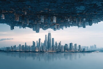 Urban Cityscape Reflected in Still Water at Dusk
