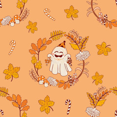Happy ghost in yellow and orange leaves. Halloween autumn foliage pattern seamless orange wallpaper.
