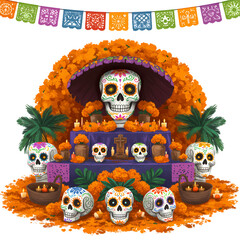 Dia de Muertos Vibrant Ofrenda Altar with Sugar Skulls and Marigolds on transparent background