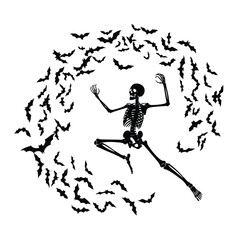 A black skeleton in a dynamic, dancing pose is surrounded by a swirling vortex of flying bats on a white background.