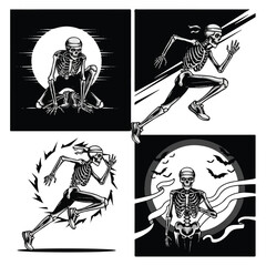 Four distinct illustrations of a skeleton in athletic poses, emphasizing movement and determination.