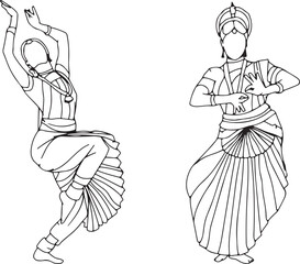Indian Classical Dance Woman Line Art – Bharatanatyam Kathak Pose Illustration, Traditional Dance Lady Outline, Cultural Expression Female Figure, Hand Drawn Dance Contour Sketch, Elegant Dance Postur