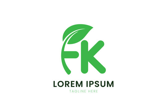 Minimalist green fk logo with leaf symbol and lorem ipsum text simple