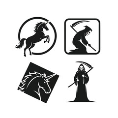 Monochrome logos featuring a unicorn and the Grim Reaper.